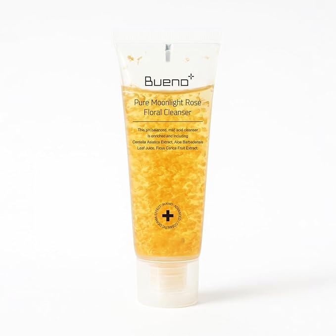 Bueno+ Pure Moonlight Rose Floral Cleanser | Gentle Daily Face Wash with Rose Petals | Mild Exfoliating & Hydrating Vegan Gel | For All Skin Types | 1.01 fl. oz