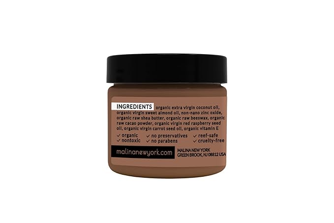 Malina™ Organic Chocolate Tinted Natural Sunscreen | SPF 30+ | Nontoxic | Reef-Safe | No Preservatives | No Synthetic Fragrance | 3 Shades | With Non-Nano Zinc-Oxide (0.5 Fl Oz, Dark)