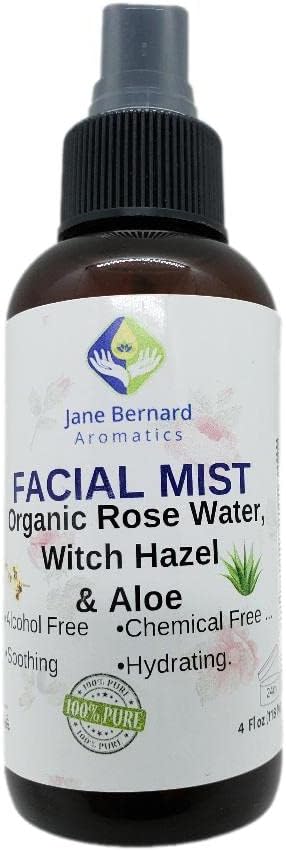 Organic Rosewater and Witch Hazel Toner Facial Mist with Aloe - Alcohol Free | 4 Oz