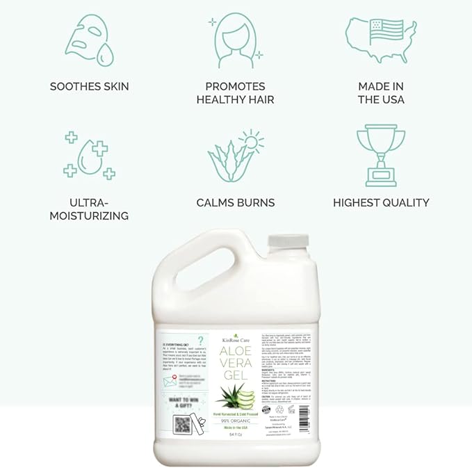 KinRose Care Organic Aloe Vera Gel Bulk - Half Gallon - for Face, Skin, Hair & Sunburn Relief From 100 Percent Pure Aloe Vera - Cold Pressed, Vegan, Unscented - Made in USA (64 Fl Oz)