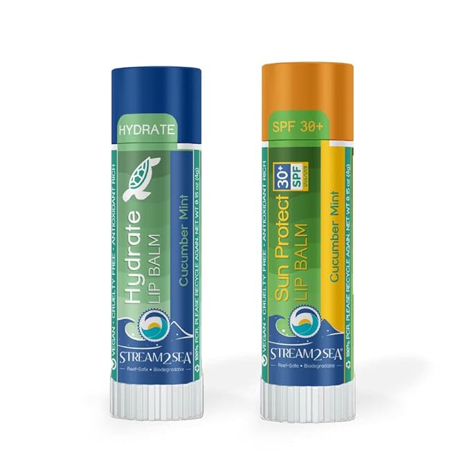 STREAM 2 SEA Cucumber Mint Lip Balm Set, Reef Safe SPF 30 and Hydrate Organic Lip Balms, Moisturizing Indoor + Sun Protect Outdoor Lip Balm For Beach and Sports, Paraben Free, Cruelty Free Lip Care
