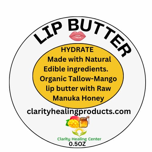 Organic Lip Balm. Grass-Fed Beef Tallow, Mango Butter with Raw MGO 263+ Manuka Honey. Hydrating lip butter infused with Rose Oil for Soft Lips. 0.5 oz. Provides Deep Hydration.