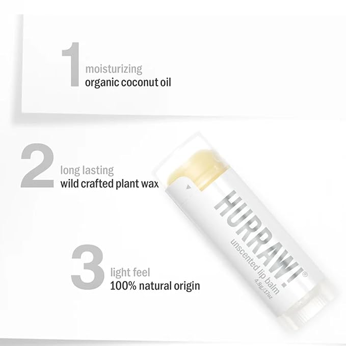 Hurraw! Unscented Lip Balm, 3 Pack: Organic, Certified Vegan, Cruelty and Gluten Free. Non-GMO, 100% Natural Ingredients. Bee, Shea, Soy and Palm Free. Made in USA