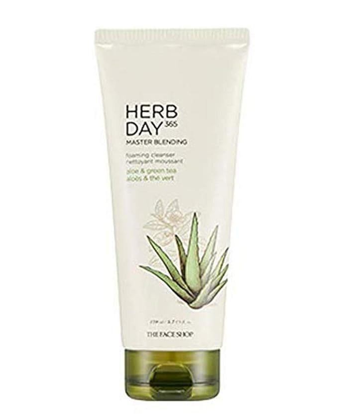 The Face Shop Herb Day 365 Master Blending Cleansing Foam Aloe & Green Tea Face Cleanser - Moisturizing, Hydrating, Soothing Face Wash - Korean Skin Care Facial Cleanser - Suitable for All Skin Types