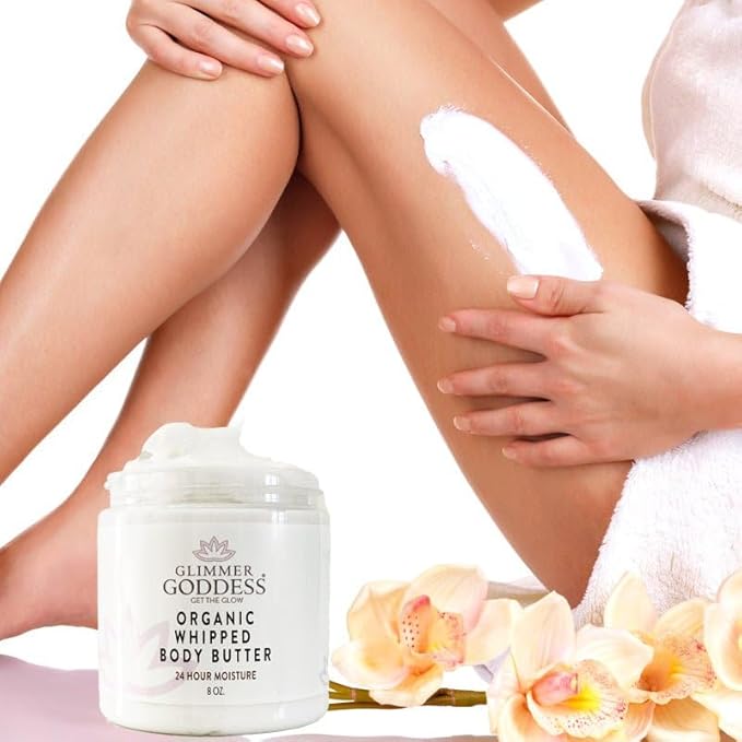 GLIMMER GODDESS Organic Whipped Body Butter for Women - Moisturizer Cream with Shea & Cocoa Butter, Almonds & Coconut Oil - Evening Snow, 8oz