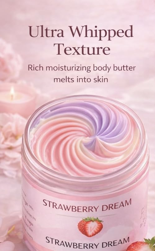 Strawberry Dream Whipped Body Butter Ultra Moisturizing Body Cream with Shea Butter, Mango Butter, Jojoba Oil & Vitamin E – Handmade Skin Care