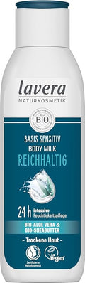 lavera basis sensitiv Body Milk Rich - aloe vera & shea butter - 24 h intensive moisturizing care - PETA certified - biodegradable - vegan - natural cosmetics - 8.45 fl.oz.