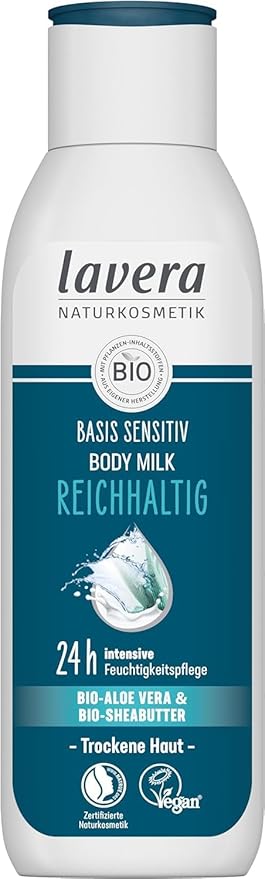 lavera basis sensitiv Body Milk Rich - aloe vera & shea butter - 24 h intensive moisturizing care - PETA certified - biodegradable - vegan - natural cosmetics - 8.45 fl.oz.