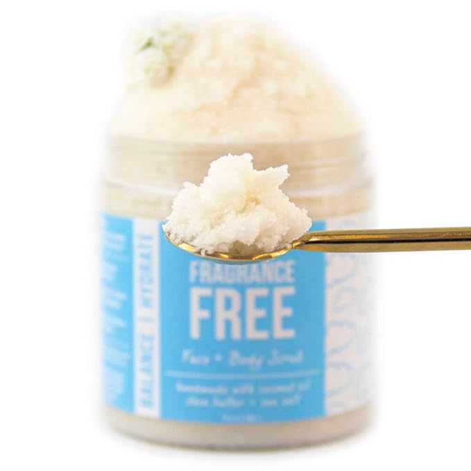 Mojo Spa Fragrance Free Face and Body Scrub | No Scent, Vegan Friendly | Moisturizing Sugar Based Exfoliator for Sensitive Skin | 10 oz