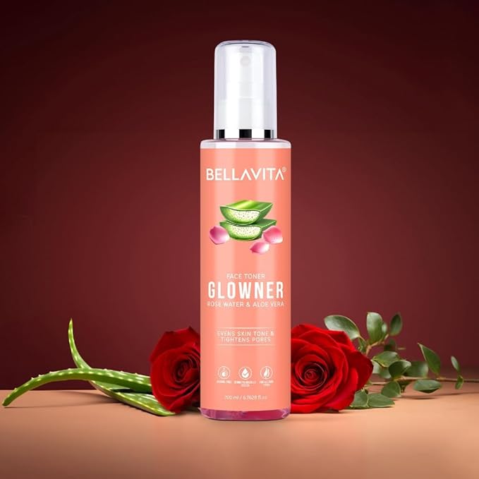 Bella...Vita Organic Glowner Face Toner, Alcohol Free, Rose Water 200ml Pore Minimizing Tightening Natural Toner Spray for Glowing Skin - All Skin Types