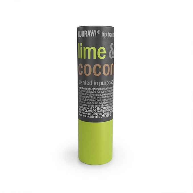 Hurraw! Lime & Coconut Lip Balm: Plastic-Free with new cardboard push-up tube. Certified Organic, 100% Natural Origin, Vegan, and Cruelty Free. Gluten Free. Bee, Shea, Soy and Palm Free. Made in USA