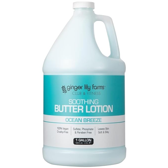 Ginger Lily Farms Club & Fitness Soothing Butter Lotion for Dry Skin, 100% Vegan & Cruelty-Free, Ocean Breeze Scent, 1 Gallon (Pack of 4)