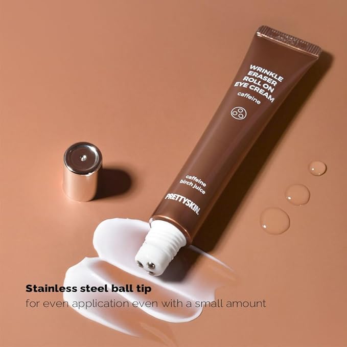 PRETTYSKIN Roll on Eye Cream with Caffeine and Stainless Steel ball Tip- Under Eye Roller Cream for Elasticity Wrinkles Puffiness Fine Lines-Korean eye cream 30ml/1.01fl.oz. (Caffeine)
