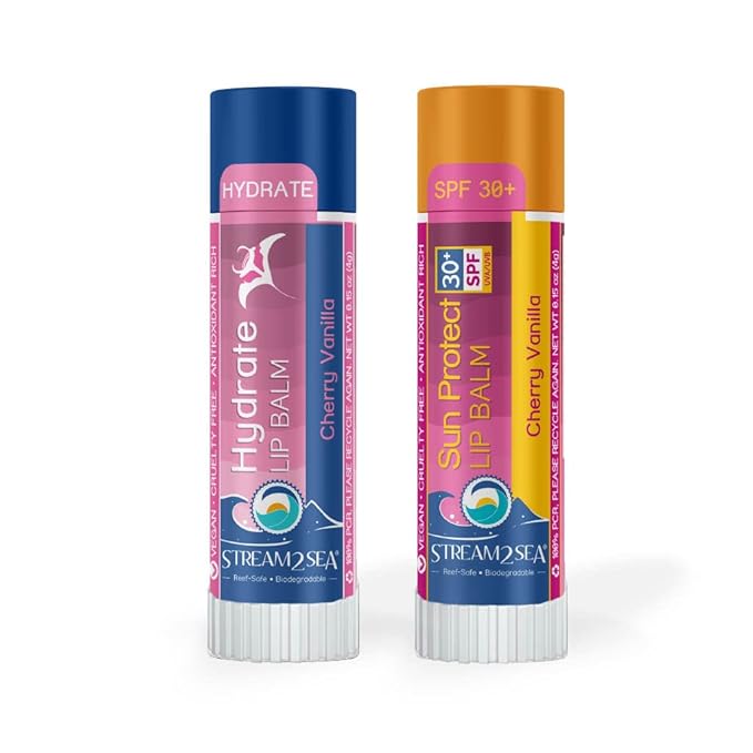 STREAM 2 SEA Cherry Vanilla Lip Balm, Reef Safe SPF 30 and Hydrate Organic Lip Balm Set, Moisturizing Indoor + Sun Protect Outdoor For Beach and Sports, Paraben Free Lip Moisturizer