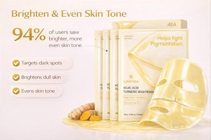 Kojic Acid Turmeric Brightening Gel Face Mask | Overnight Firming & Hydrating for Elasticity & Glow | Korean Skincare with Niacinamide, Peptides & Hydrolyzed Collagen | 4 Pack