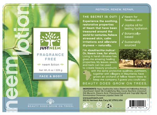 justneem Lotion - Fragrance Free - Naturally Provides Instant and Lasting Relief for Severely Dry, Cracked, Itchy or Irritated Skin - Face & Body - 8oz