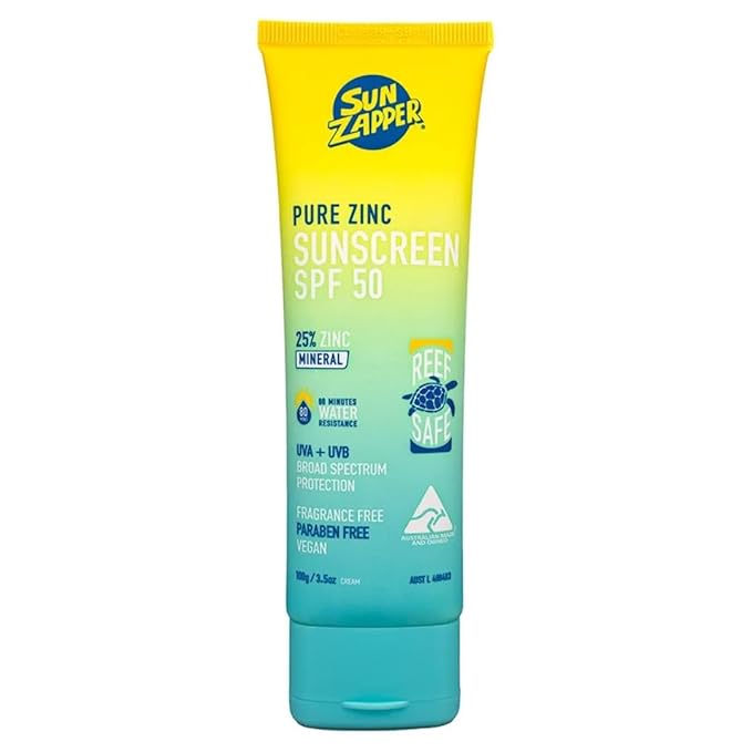 Sun Zapper Pure Zinc Sunscreen SPF 50 – Organic Mineral Sunscreen for Face and Body, 25% Non-Nano Zinc Oxide, Reef Safe, Water Resistant, Broad Spectrum, Vegan, 100g (3.5 oz) Tube, Australian Made