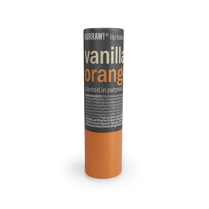 Hurraw! Vanilla & Orange Lip Balm: Plastic-Free with new cardboard push-up tube. Certified Organic, 100% Natural Origin, Vegan, and Cruelty Free. Gluten Free. Bee, Shea, Soy and Palm Free. Made in USA