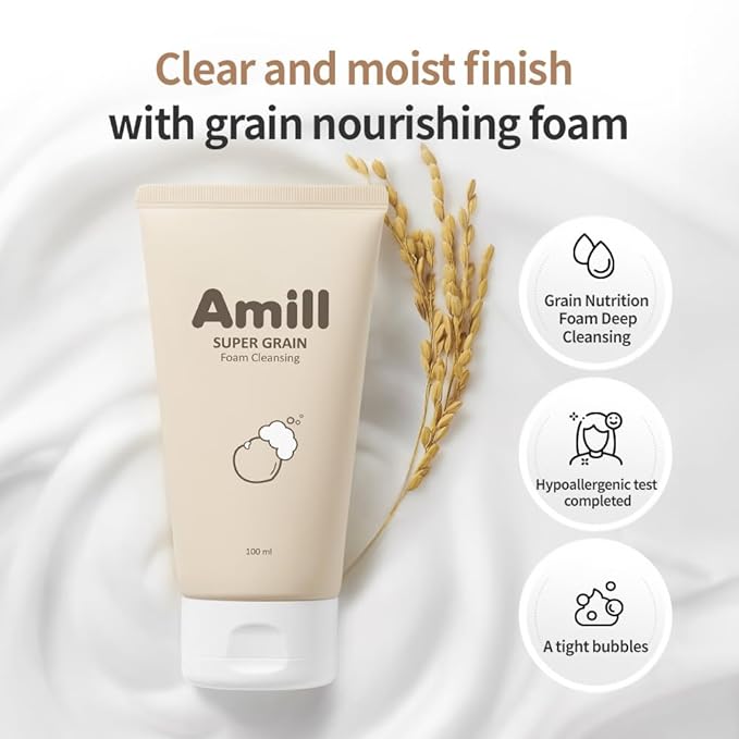 Amill Super Grain Foam Cleansing (100ml/3.39fl.oz) – Gentle Facial Cleanser with Multi-Grain Extracts for Soft & Hydrated Skin