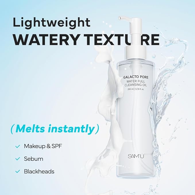 SAM'U Galacto Pore Water Full Cleansing Oil for Face, Korean Facial Cleanser & Makeup Remover with Galactomyces & Rice bran Oil, Non-Comedogenic, All Skin Types, 6.76 fl oz