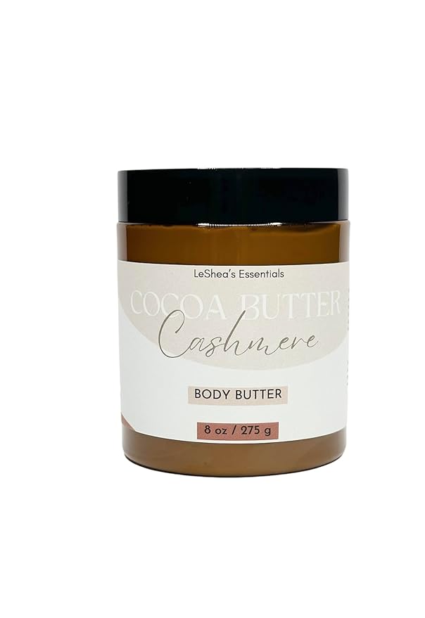 LE SHEA Cocoa Butter Cashmere Body Butter, Vegan Skin Cream Moisturizer, Shea Butter, Mango, Vitamin E Oil Hydrating Skin Plant Based Care Thick Lotion for Dry Sensitive Dry Cracked Hands Feet 8 oz