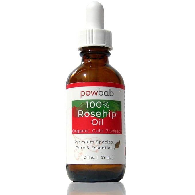 powbab 100% Rosehip Oil - Organic, Cold Pressed from Premium Rosa Rubiginosa Rosehip Seed. Face and Body Oil for Skin, Hair, Nail Repair. Raw Pure E Oil for Scars. Wild, Fair Trade - 2 oz.