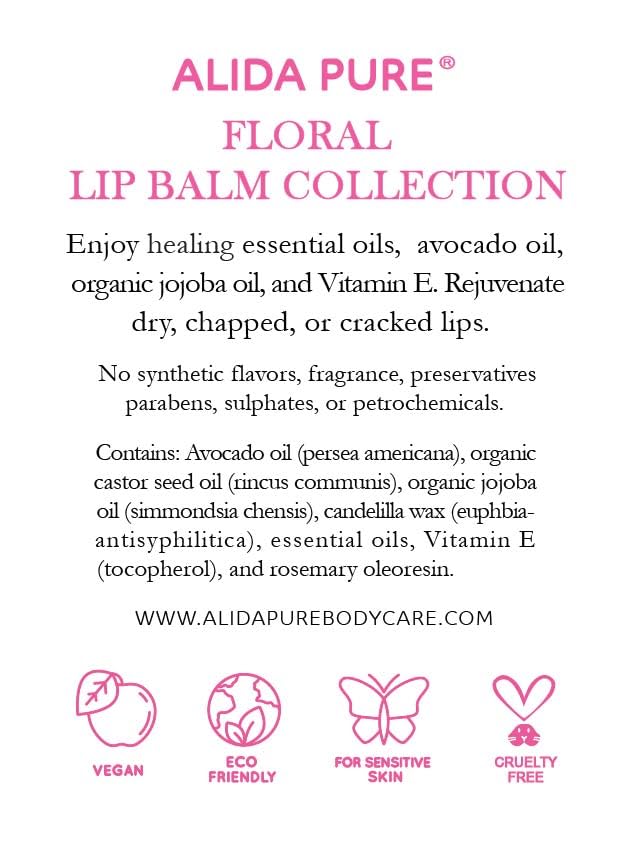 Floral Lip Balm Collection, Vegan Set, Beeswax Free, with Organic Jojoba and Avocado Oil, Vitamin E, Natural Moisturizer for Dry, Chapped or Cracked Lips, 3 Tube Set