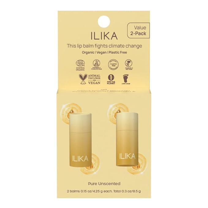 ILIKA 100% Natural Lip Balm - Organic, Plastic-free, Vegan, Cruelty-Free, Vitamin E, COSMOS Certified, PETA Certified, 2-Pack Unscented, All-Day Moisture, 0.15 oz each
