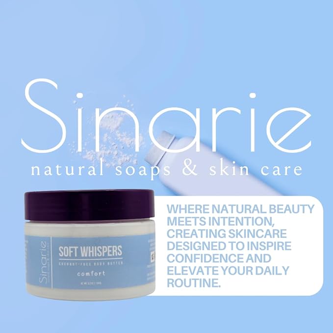 Sinarie Coconut-Free Body Butter | Luxurious Hydration with Shorea Butter, Evening Primrose Oil, Argan & Moringa Oil | Non-Greasy, Natural Ingredients | For Sensitive Skin (5.3 oz., Soft Whispers)