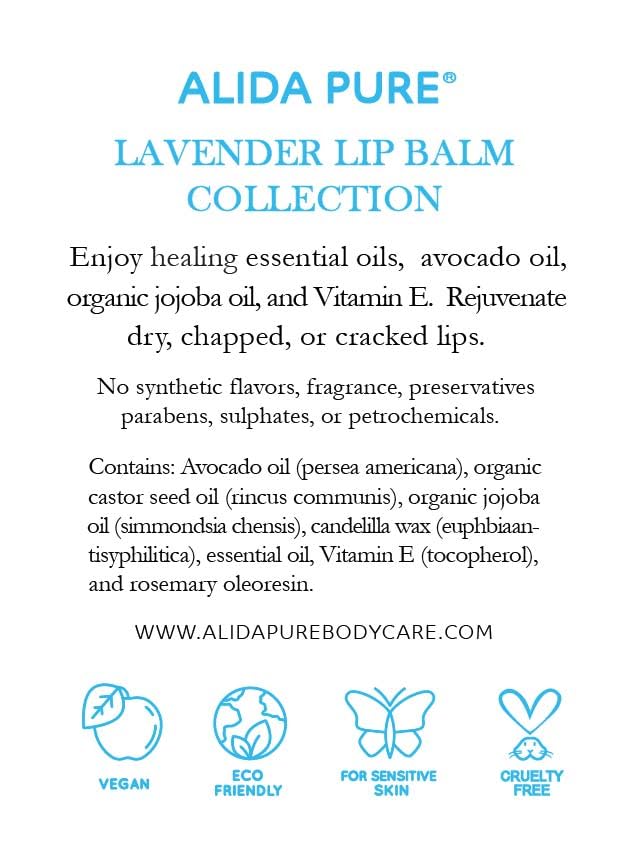 Lavender Lip Balm, Cruelty Free, Vegan Set, Beeswax Free, with Organic Jojoba and Avocado Oil, Vitamin E, Natural Moisturizer for Dry, Chapped, or Cracked Lips, 3 Tube Set