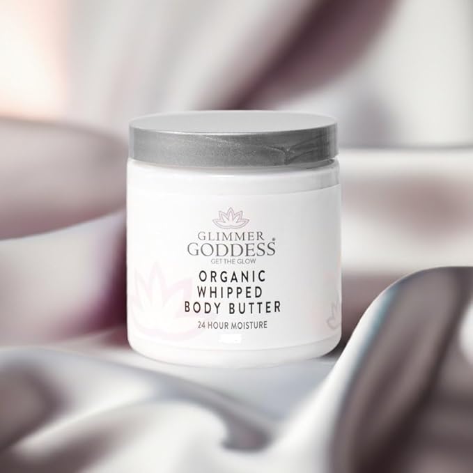 GLIMMER GODDESS Organic Whipped Body Butter for Women - Moisturizer Cream with Shea & Cocoa Butter, Almonds & Coconut Oil - Evening Snow, 8oz