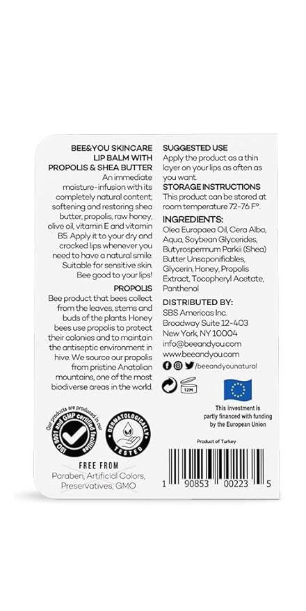 Bee and You Ultra Conditioning, 100% Natural, Moisturizing Lip Balm, Chapped Lips Treatment Severe, Beeswax, Propolis Extract, Raw Honey, Vitamin E, Shea Butter, 10ML