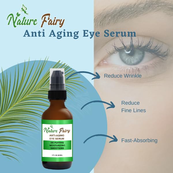Anti-Aging Eye Serum, Natural De-Puffing Moisturizing Treatment for Dark Circles, Wrinkles, With Cucumber, Hyaluronic Acid, Caffeine, 2 Fl Oz