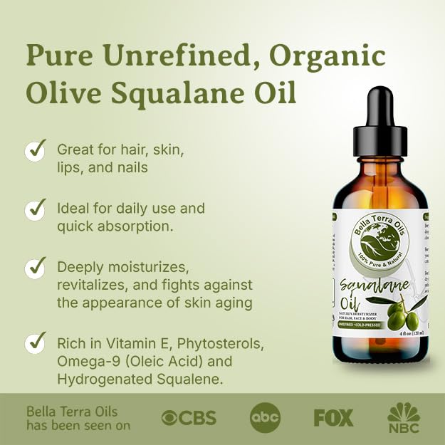 Bella Terra Oils - Organic Squalane Oil 4 oz - Dive into Organic, Olive-Derived, Ideal for Skin and Hair High in Vitamin E, Promotes Supple & Radiant Skin