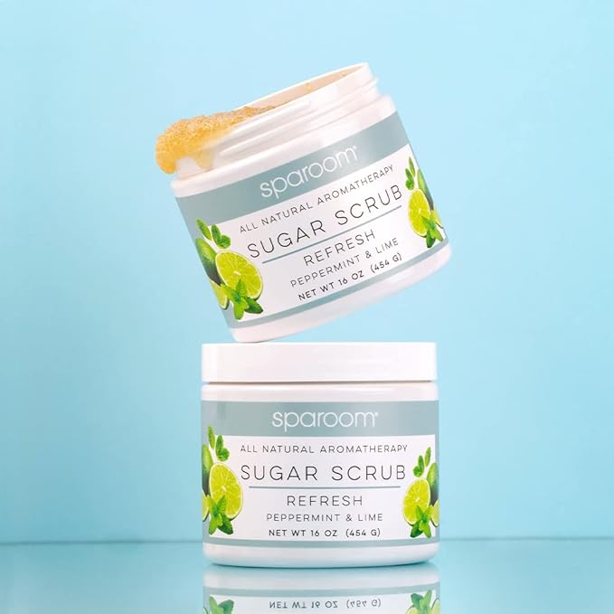 SpaRoom All Natural Aromatherapy Shea Butter and Raw Sugar Hydrating and Exfoliating Body Scrub, 16 oz, Refresh- Peppermint and Lime Essential Oils