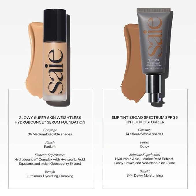 Saie Slip Tint Tinted Moisturizer with SPF 35 - Light Coverage, Glowy Skin Tint & Mineral Sunscreen for Face with Hydrating Hyaluronic Acid - Summer Makeup Essential - Shade One (1.35 oz)