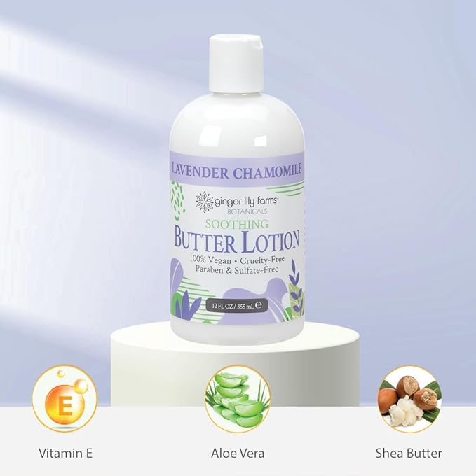 Ginger Lily Farms Botanicals Soothing Butter Lotion for Dry Skin, 100% Vegan & Cruelty-Free, Lavender Chamomile Scent, 12 Fl Oz (Pack of 6)