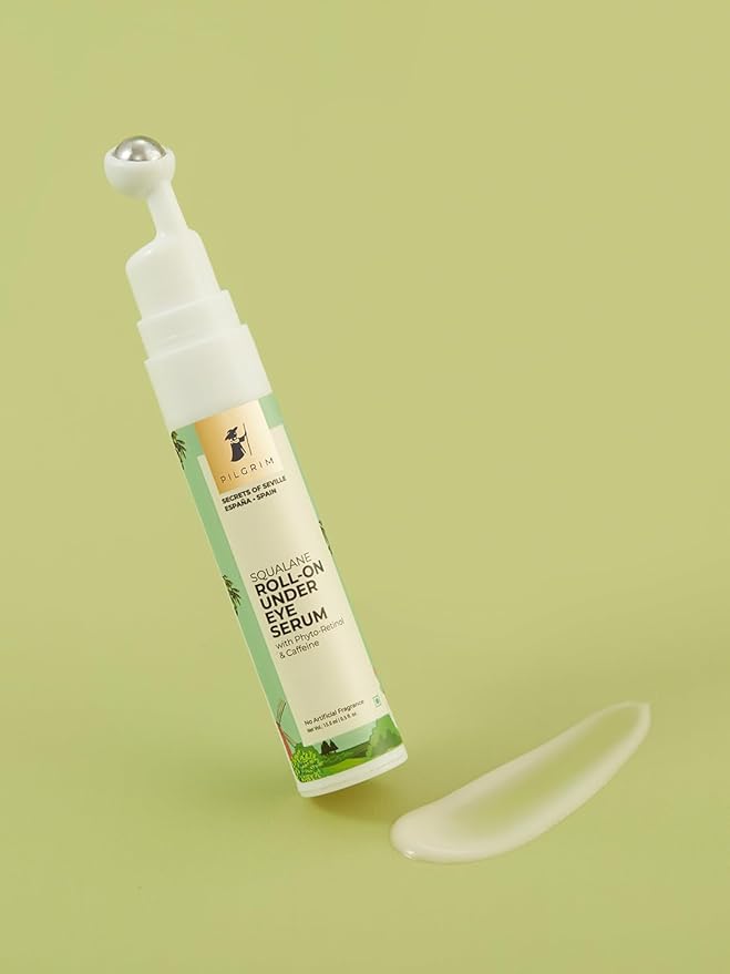 Pilgrim Squalane Roll On Under Eye Serum | Hydrating Eye Serum with Phyto Retinol & Caffeine | Reduces Dark Circles, Puffiness & Wrinkles | 0.50 Fl Oz (15ml)