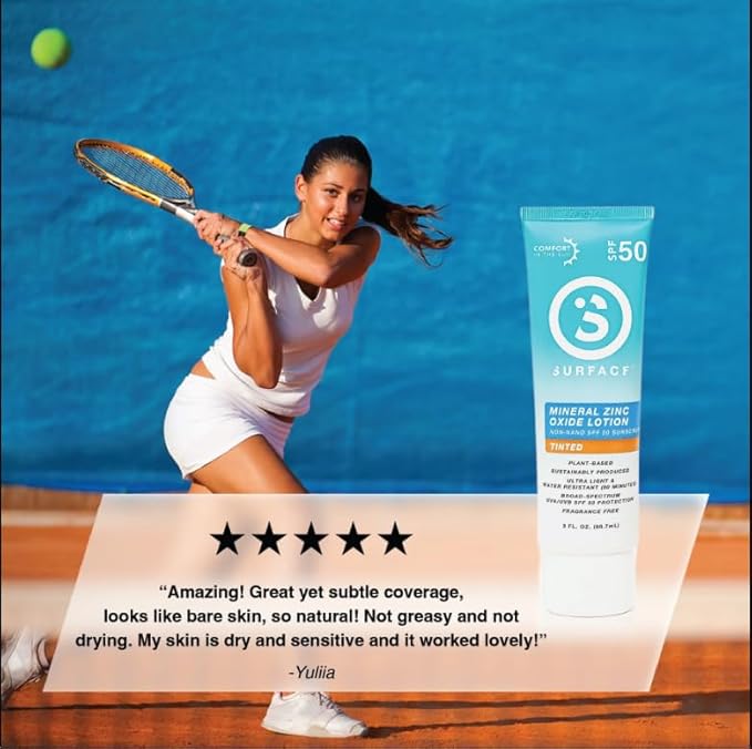 Surface Mineral Sunscreen Lotion SPF 50, Lightweight Non-Nano Zinc Oxide Formula, Reef Friendly, Broad Spectrum UVA UVB Protection, Water Resistant Sun Care for 80 Minutes Outdoor Use, Tinted, 3oz