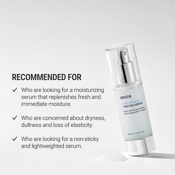 ROVECTIN Aqua Peptide Serum - Anti-Aging Facial Serum with Vitamin E, Niacinamide, Hyaluronic Acid | Uneven Skin Tone, Anti-Wrinkle, Intensely Moisturizing | Vegan, Korean Skincare (1.01 fl.oz)