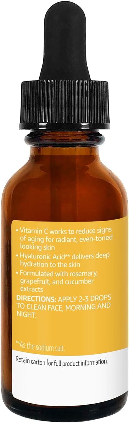 Amazon Basics Brightening Anti Aging Vitamin C Serum with Hyaluronic Acid, Hydrates Skin, 1 Fluid Ounce, 1-Pack