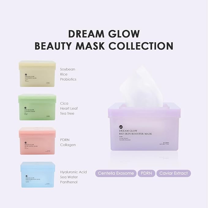 glowiest Dream Glow Bio Skin Booster Sheet Mask (30 Count) – PDRN, Caviar Extract & Centella Exosome, Daily Hydrating & Radiance Boost Mask, Korean Skincare (PDRN + Caviar Extract + Centella Exosome)