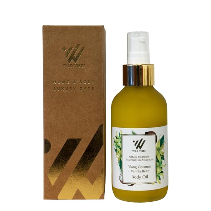 Wild Vibes Ylang Coconut + Vanilla Bean Body & Massage Oil - Hydrating Jojoba, Papaya Seed Oil, Vitamin E, Lupine Seed Extract for Collagen production – Nourishing Oil for all skin types 4oz