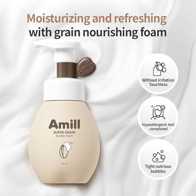 Amill Super Grain Bubble Foam (200ml/6.76fl.oz) - Curelty Free, Gentle Micro‑bubble Facial Cleanser with Multi‑Grain Extracts for Hydrated, Soft Skin
