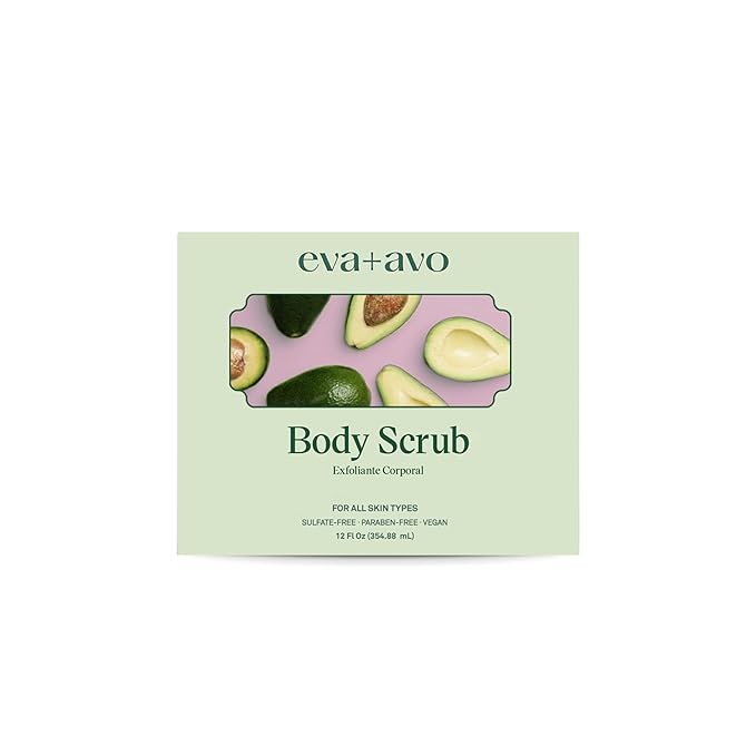 Eva + Avo Exfoliating Body Scrub, Gentle & Nourishing Natural Formula for Dry, Rough & Combination Skin, Daily Body Scrub for Women & Men, Hydrating Soft Skin Exfoliator, 12 Fl Oz
