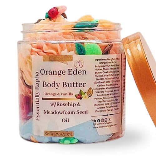 Orange Eden Body Butter - Rich Hydyating Nourishment with Sal, Shea, Mango Butter - Restores Shine, Sealing Moisture with Meadowfoam Seed, Kukui Nut and Pumpkin Seed Oil - Long Lasting Soft Skin, 7 oz