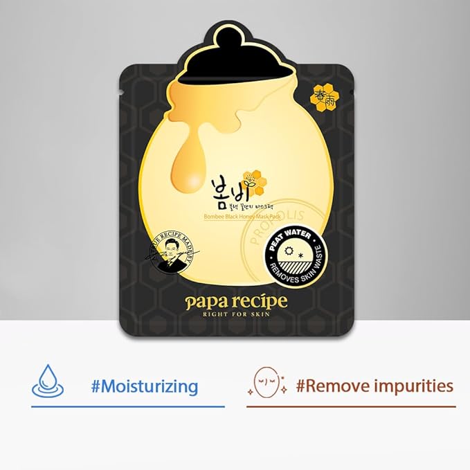 Papa Recipe Bombee Black Honey Sheet Mask 10 Sheets – Sensitive Skin Friendly, Pore Purifying & Smoothing Skin Texture for Clearer Skin, Korean Skincare Face Mask for Dry & Dull Skin