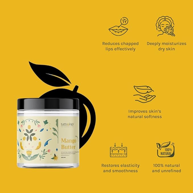 Tattva_logy Mango Butter | 100% Raw, Unprocessed and Unrefined Body Butter | Lotion For Dry Skin | Lip Balm | Lip Cream | For Moisturization & Nourishment of Body and Skin | In Plastic Jar - 100 gm
