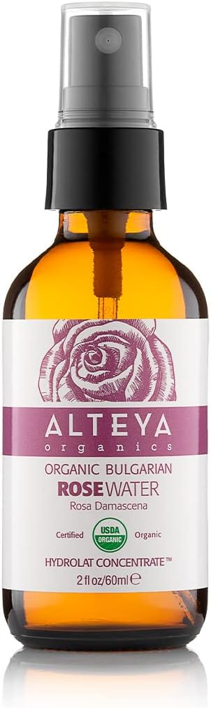 Alteya Organics Rose Water USDA Certified Organic Facial Toner, 2 Fl Oz/60mL Pure Bulgarian Rosa Damascena Flower Water, Award-Winning Moisturizer Amber Glass Spray Bottle