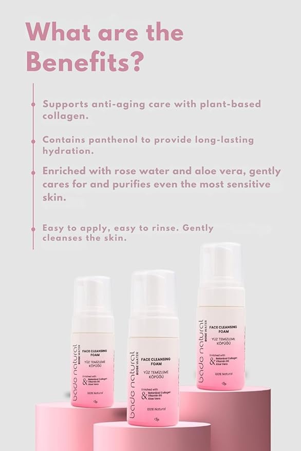Bade Natural Rosewater Foaming Facial Cleanser – Gentle Vegan Face & Plant-Based Collagen – Hydrating for All Skin Types – 3.4 fl oz (100 ml)